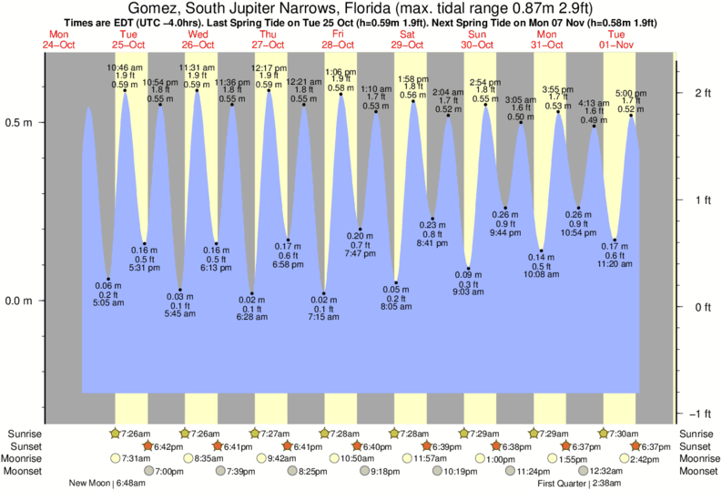 diagramma di marea per Gomez, South Jupiter Narrows, Florida vicino Hobe Sound/The Refuge surf break