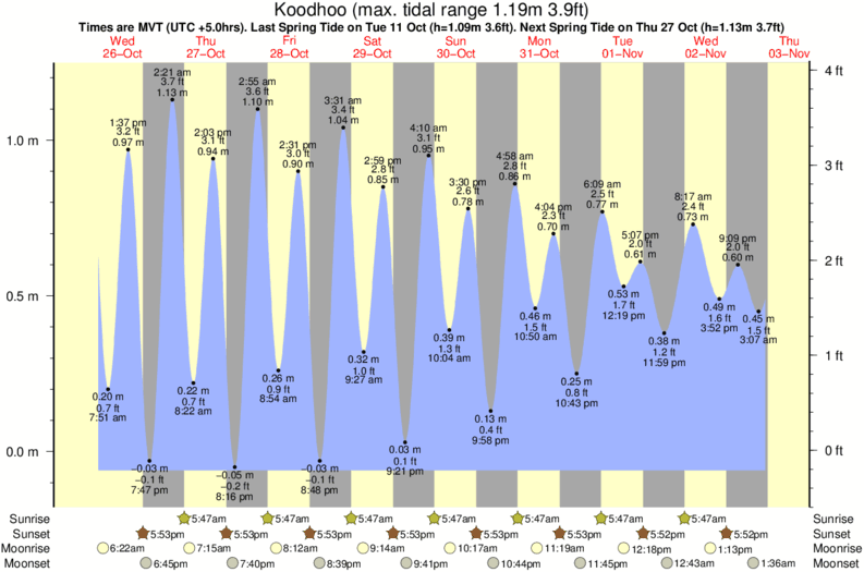 diagramma di marea per Koodhoo vicino Viligili surf break