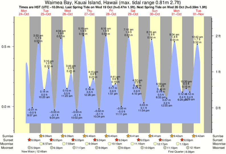 diagramma di marea per Waimea Bay, Kauai Island, Hawaii vicino Infinities surf break