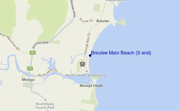 mappa di localizzazione di Broulee Main Beach (S end)