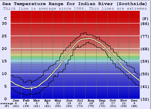 Indian River (Southside) Grafico della temperatura del mare