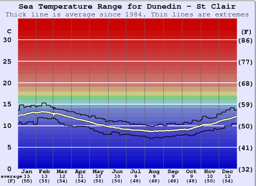 Dunedin - St Clair Grafico della temperatura del mare