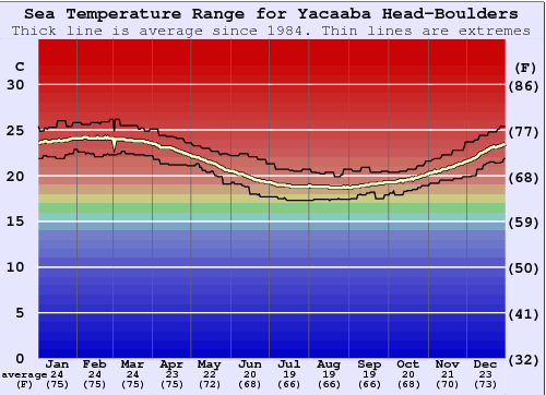 Yacaaba Head-Boulders Grafico della temperatura del mare