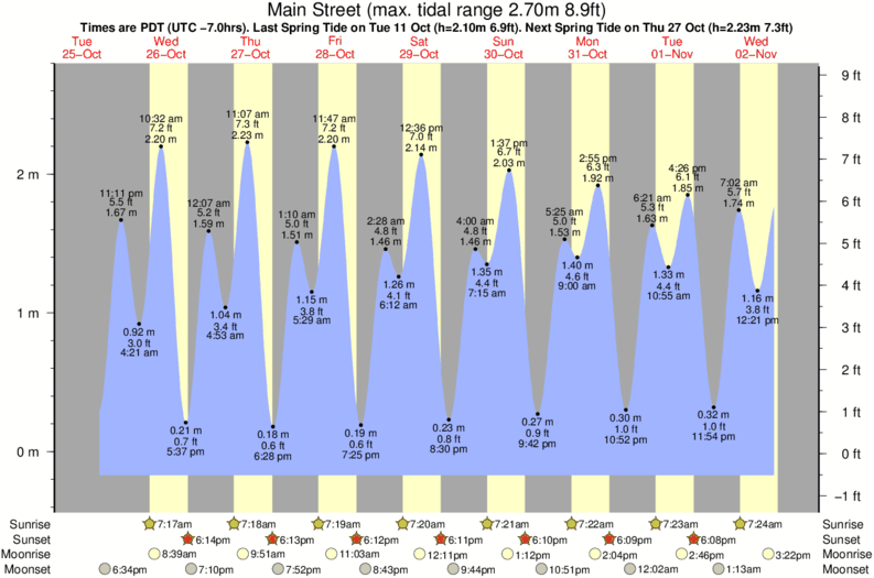 Grafico della marea per la località di surf Main Street