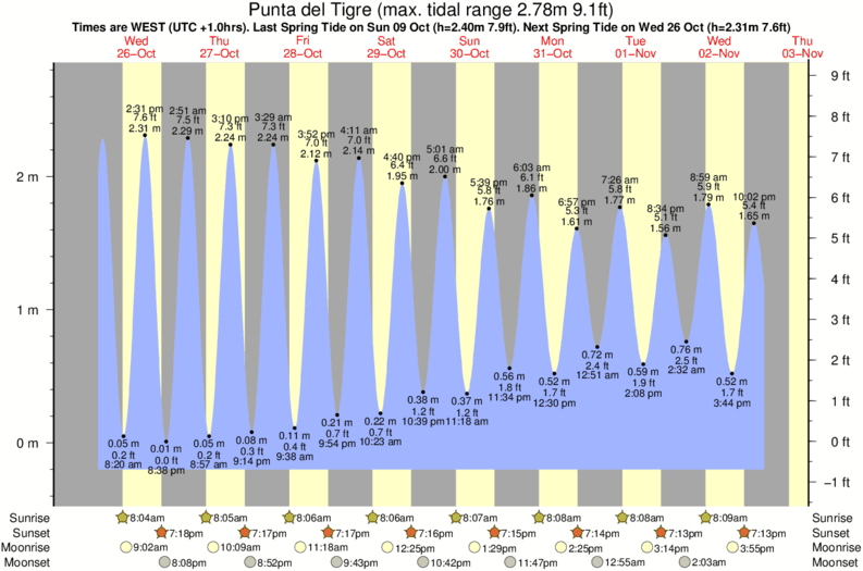 Grafico della marea per la località di surf Punta del Tigre
