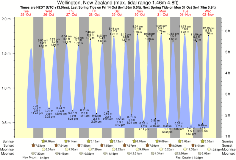 diagramma di marea per Wellington, New Zealand vicino Eastbourne surf break
